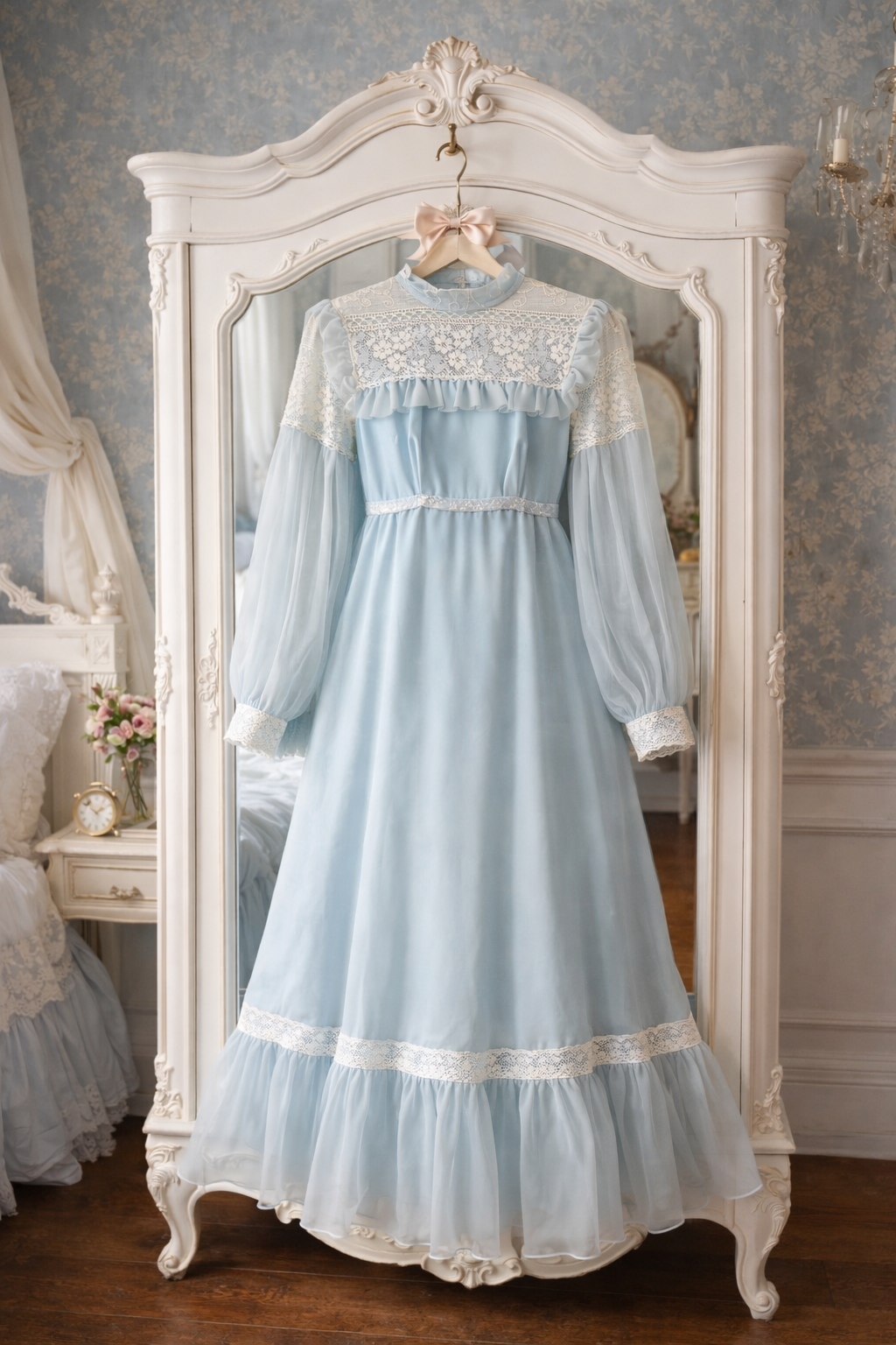 Vintage 1970s Light Blue Lace Maxi Dress | Sheer Sleeves, Romantic Prairie Style | Size XS/S