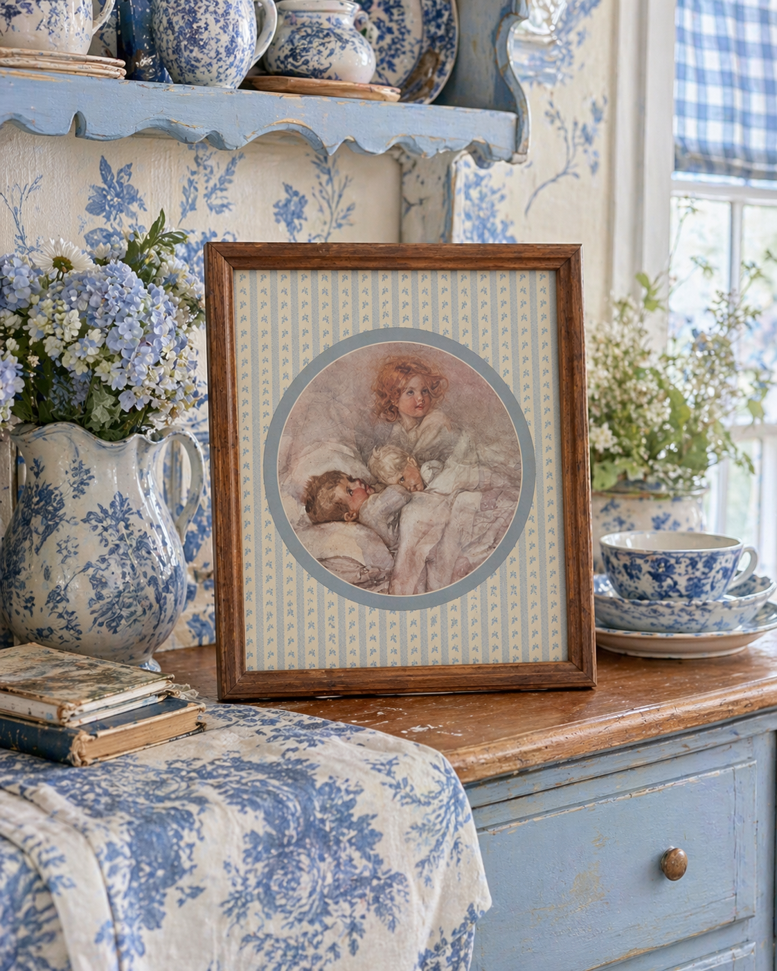 Vintage Annie Benson Framed Print Art | 1930s Cottagecore Wall Decor | Blue Floral Nursery & Shabby Chic Artwork