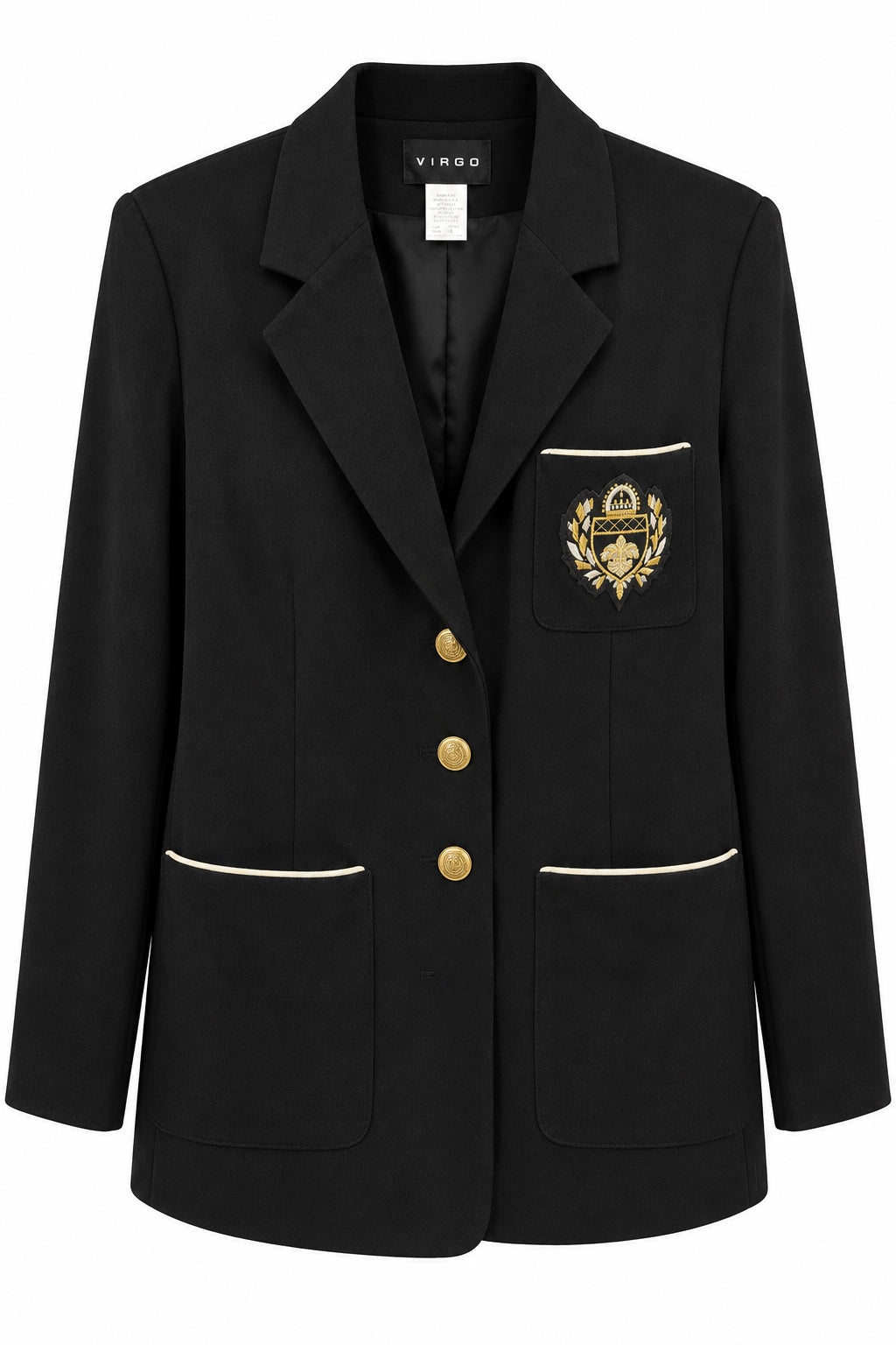 Vintage 1980s Virgo Black Crest Blazer with Gold Tone Buttons – Made in USA | Size 18