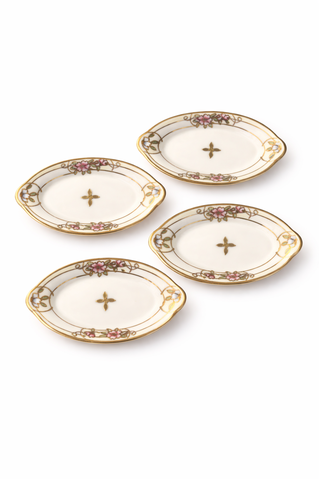 Antique 1900s Nippon Hand-Painted Salt Cellars – Set of 4 | Floral Gold Gilt Porcelain Dishes