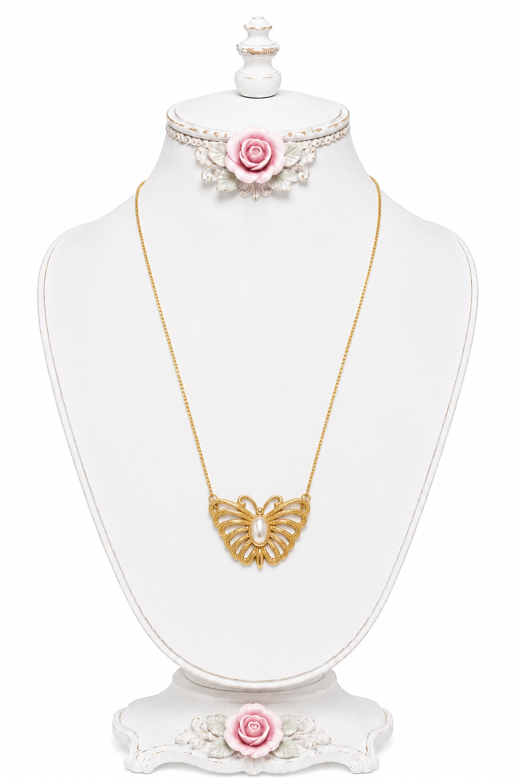 Vintage 1970s–80s Monet Gold-Plated Filigree Butterfly Faux Pearl Short Necklace – Signed – 15”