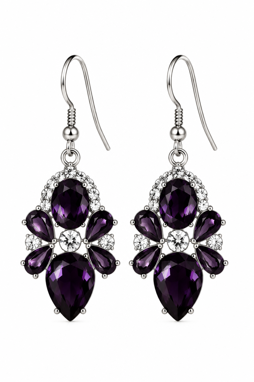 Deep Purple Crystal Silver-Tone Dangle Earrings – Elegant Amethyst-Inspired Statement Jewelry