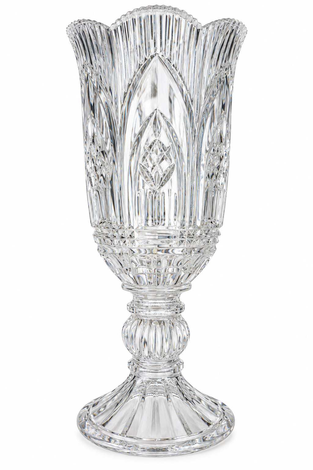 Vintage 1990s English 24% Lead Crystal 14” Footed Pedestal Vase – Large Cut Crystal Centerpiece