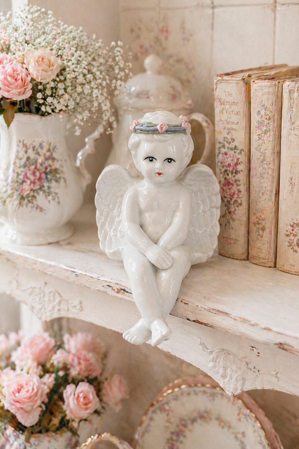 Vintage Sitting Cherub Shelf Sitter | Angel Figurine with Floral Crown
