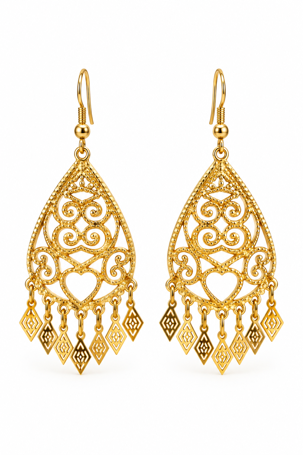 Vintage-Inspired Gold-Tone Ornate Filigree Teardrop Chandelier Dangle Earrings