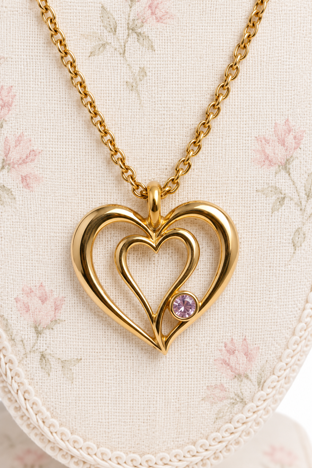 Vintage 1992 Avon Floating June Birthstone Double Heart Pendant Necklace