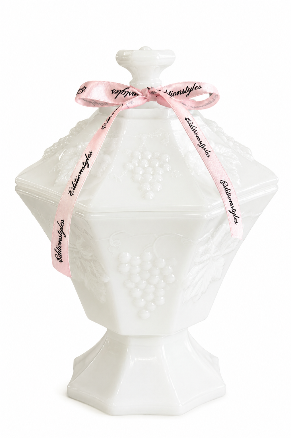Vintage Milk Glass Covered Candy Dish | Grape Harvest Pedestal Compote
