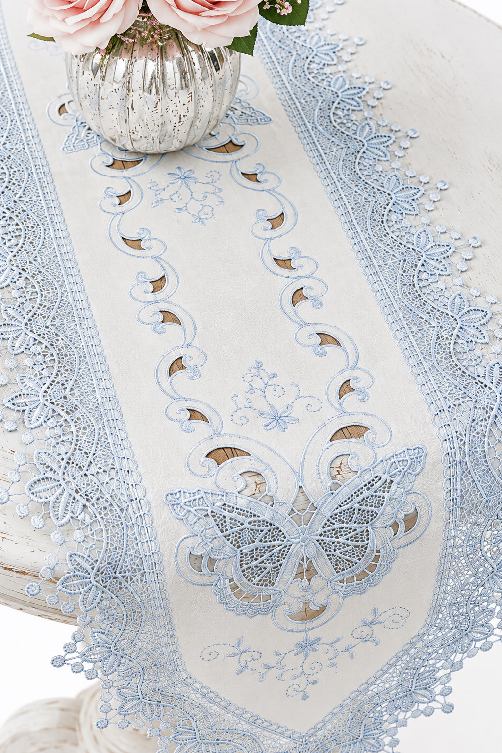 Vintage Blue Butterfly Lace Table Runner | Embroidered Cutwork Table Topper | Romantic Cottage Decor