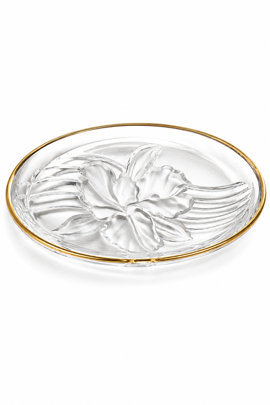 Vintage Clear & Frosted Glass Orchid Soap Dish with Gold Trim | 7” x 4”