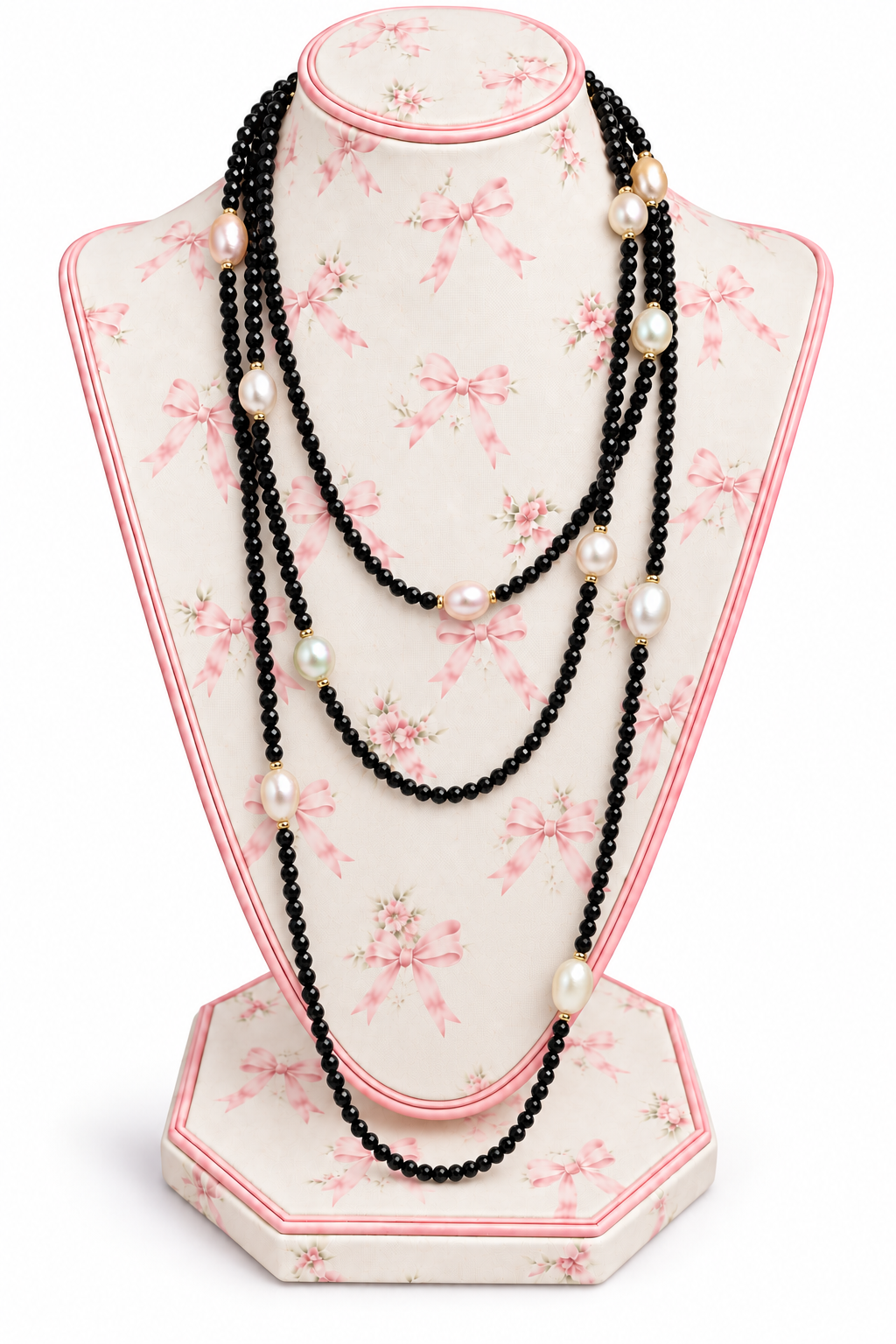 Vintage 1970s 78” Continuous Flapper Rope Necklace – Faceted Black Glass & Faux Baroque Pearls