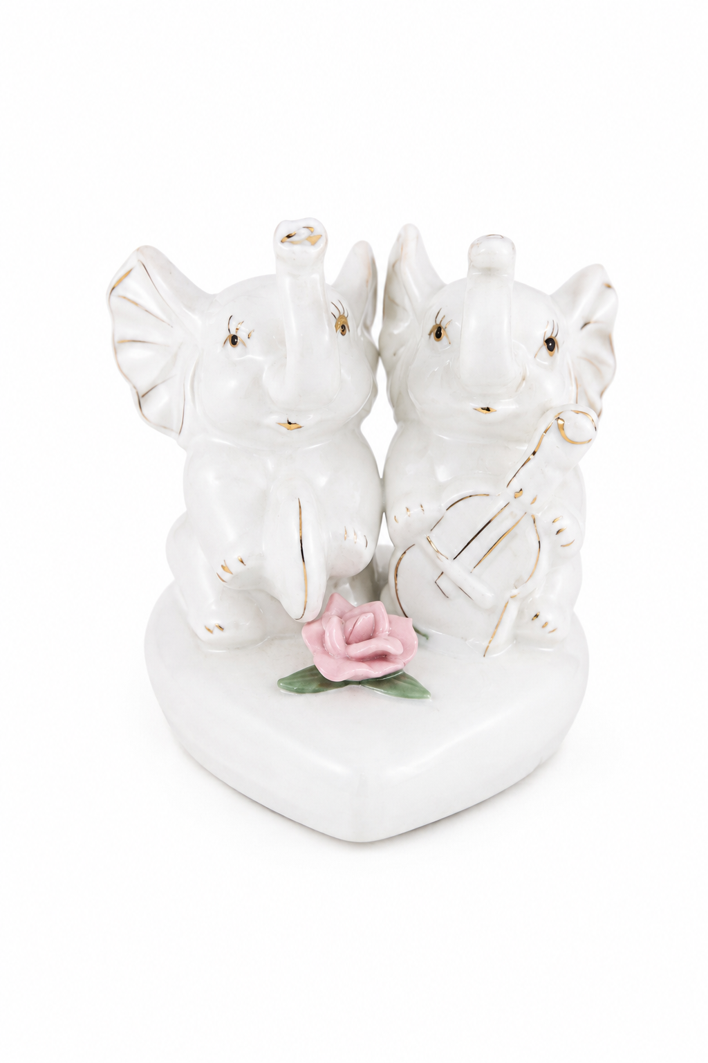 Vintage 1970s–1980s White Ceramic Elephant Couple Figurine – Musical Elephants with Pink Rose & Gold Trim
