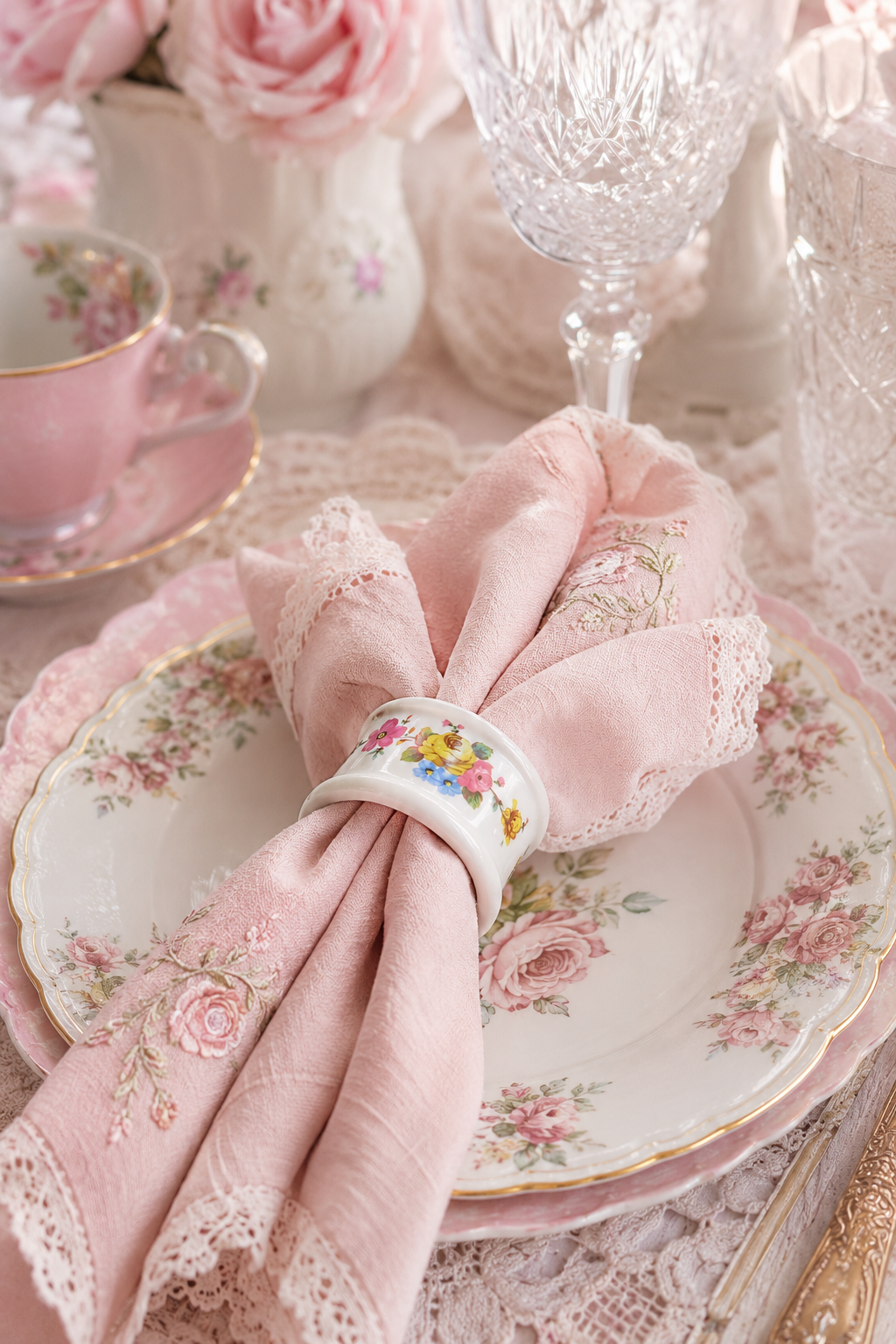 Vintage 1980s Somerset Porcelain Floral Napkin Rings | Set of 4 White Porcelain Napkin Holders | Cottagecore Table Décor