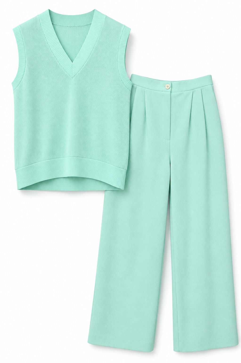 Vintage Mint Green Preppy 2-Piece Knit Vest & Trouser Set – Approx. Small/Medium