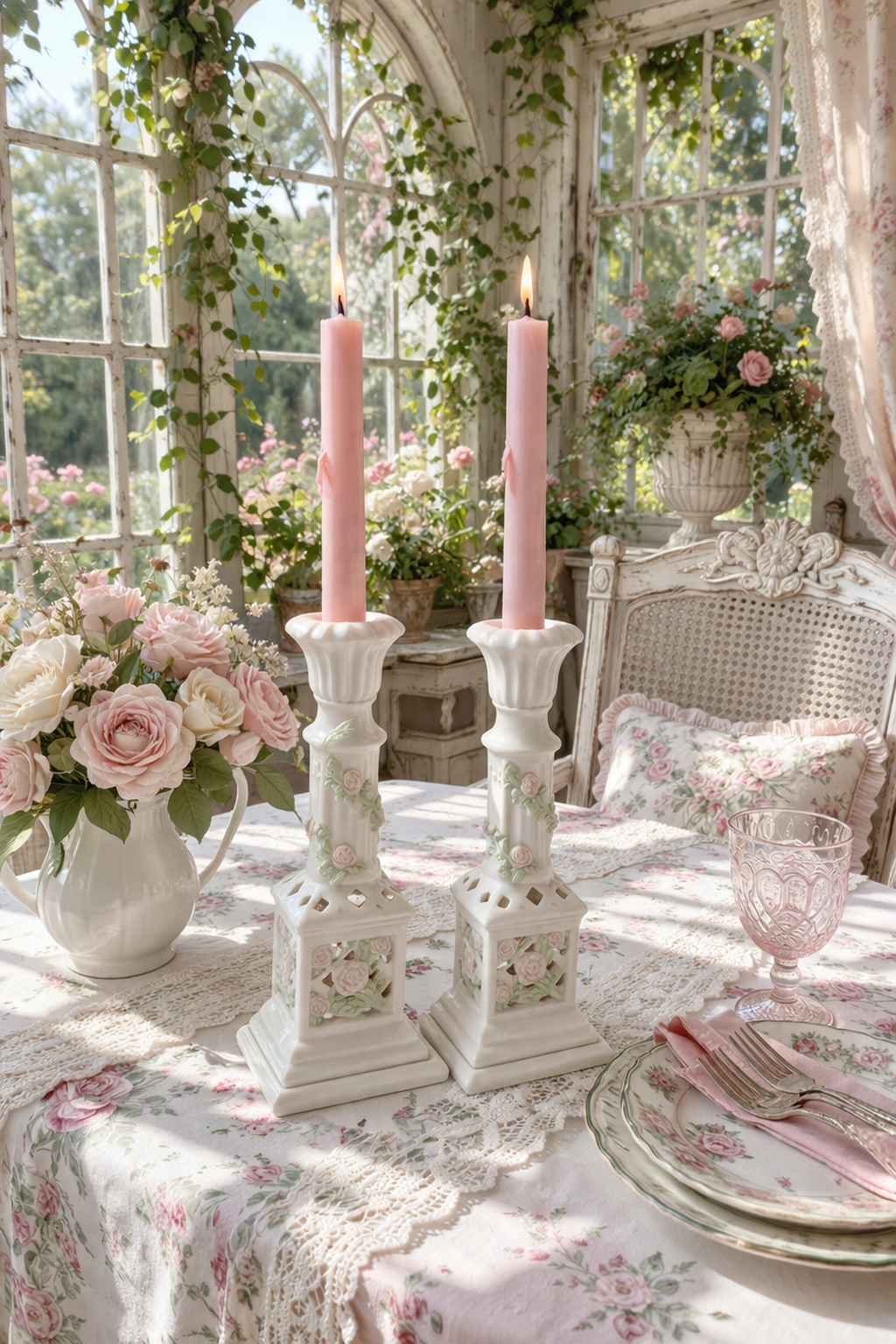 Vintage 1990s Avon Bisque Porcelain Candle Holders | Set of 2, Floral Cottage Decor