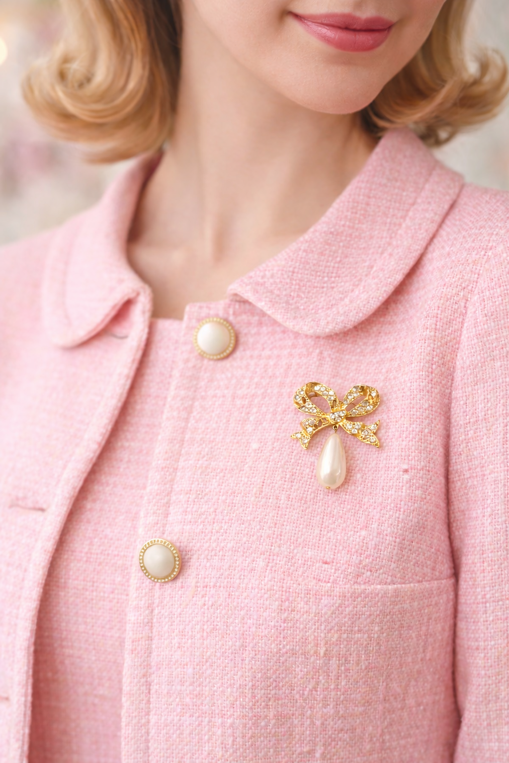 Vintage Gold-Tone Bow Brooch/Pin with Pearl Drop & Rhinestones