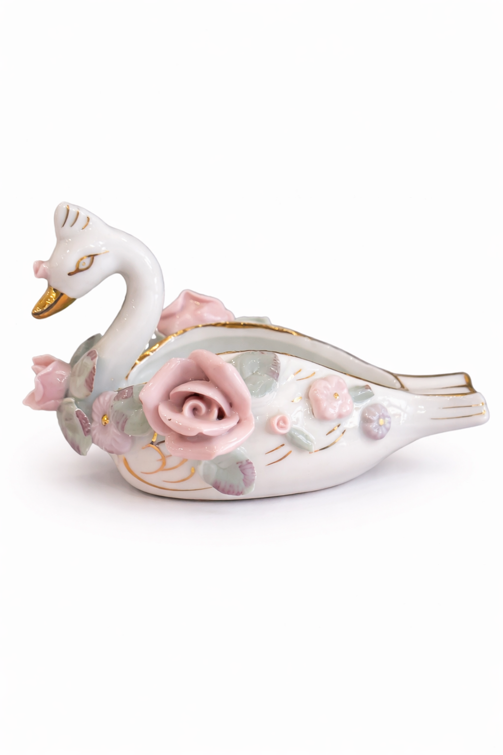Vintage Japanese Porcelain Swan Trinket Dish (1940s–1950s) | Pink Floral, Gold Detail, Mini Jewelry Holder