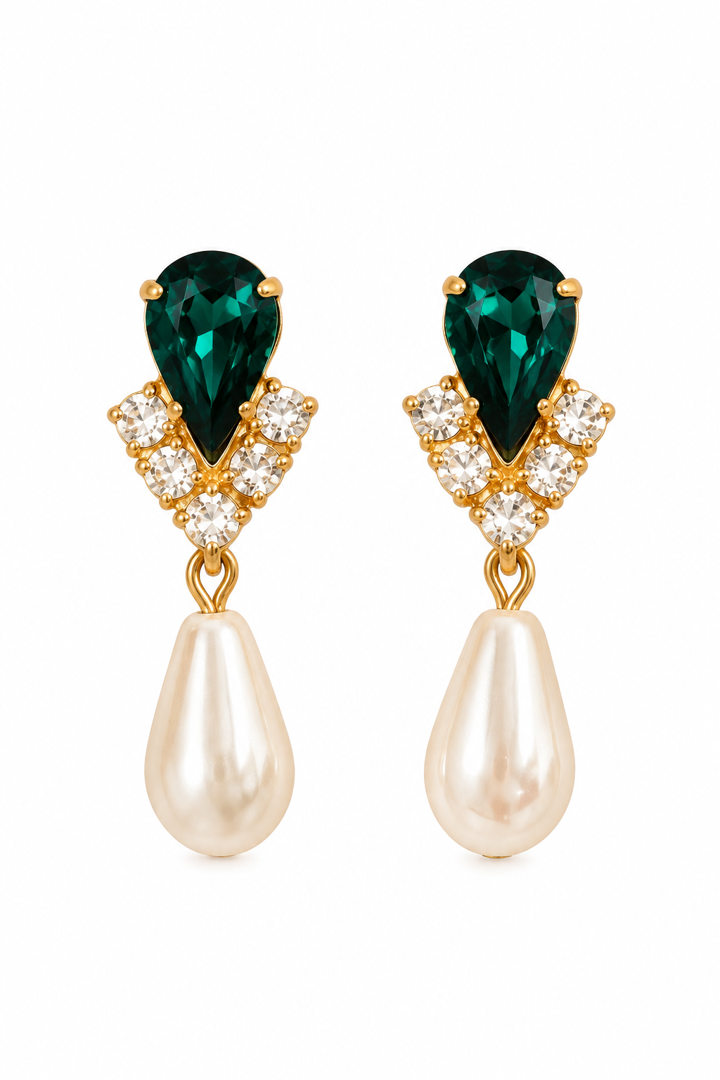Elegant Emerald Green Crystal & Faux Pearl Gold-Tone Stud Earrings | Romantic Pearl Drop Statement Jewelry