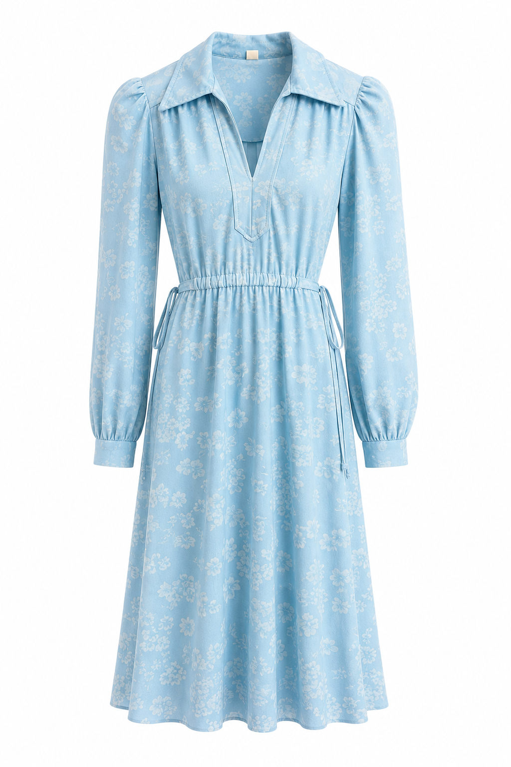 Vintage 1970s Light Blue Floral Dagger Collar Midi Dress with Side Tie Waist S/M