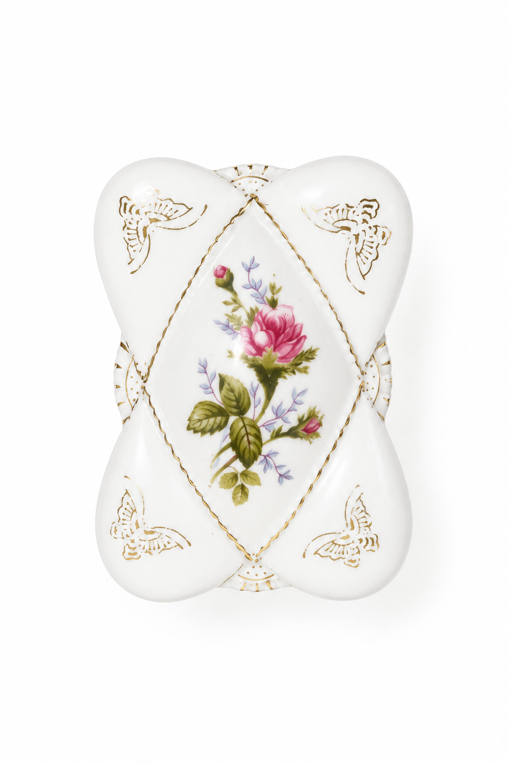 Vintage Pink Rose & Gold Butterfly Porcelain Trinket Box