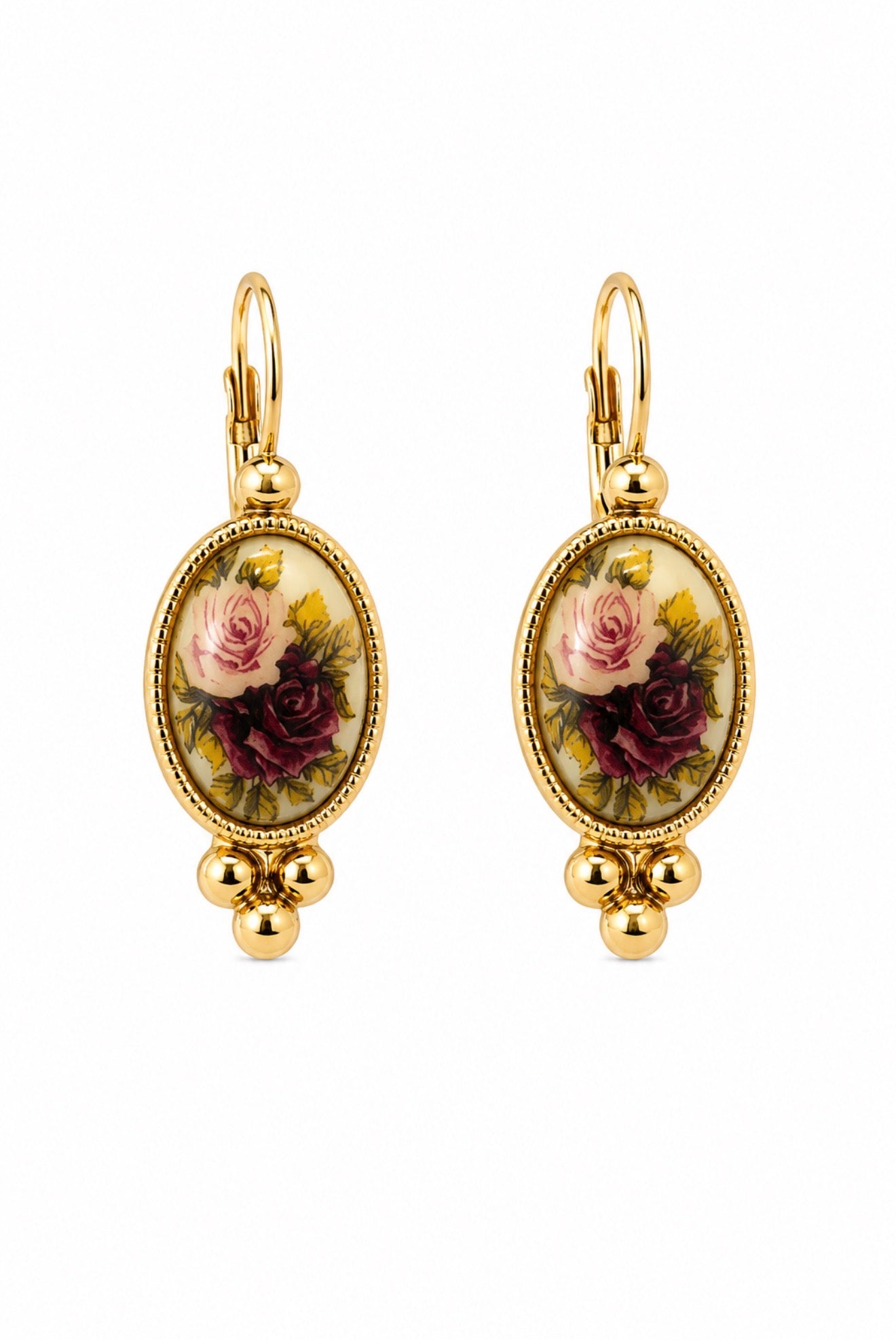 1980s Gold Floral Rose Cameo Earrings