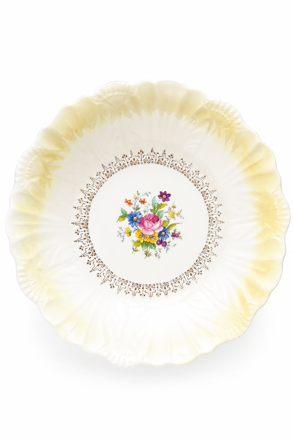 Vintage 1930s–1940s Pastel Yellow Floral Serving Bowl | Made in USA | 9.5” | Cottage & Farmhouse Décor
