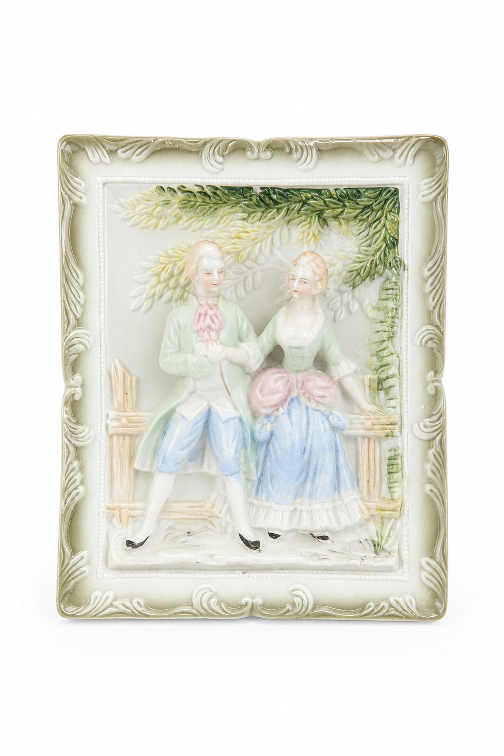 Antique 1945–1949 Chase Bisque Plaque | Victorian Courting Couple Wall Hanging | Romantic Relief Porcelain Art | Cottagecore Rococo Décor