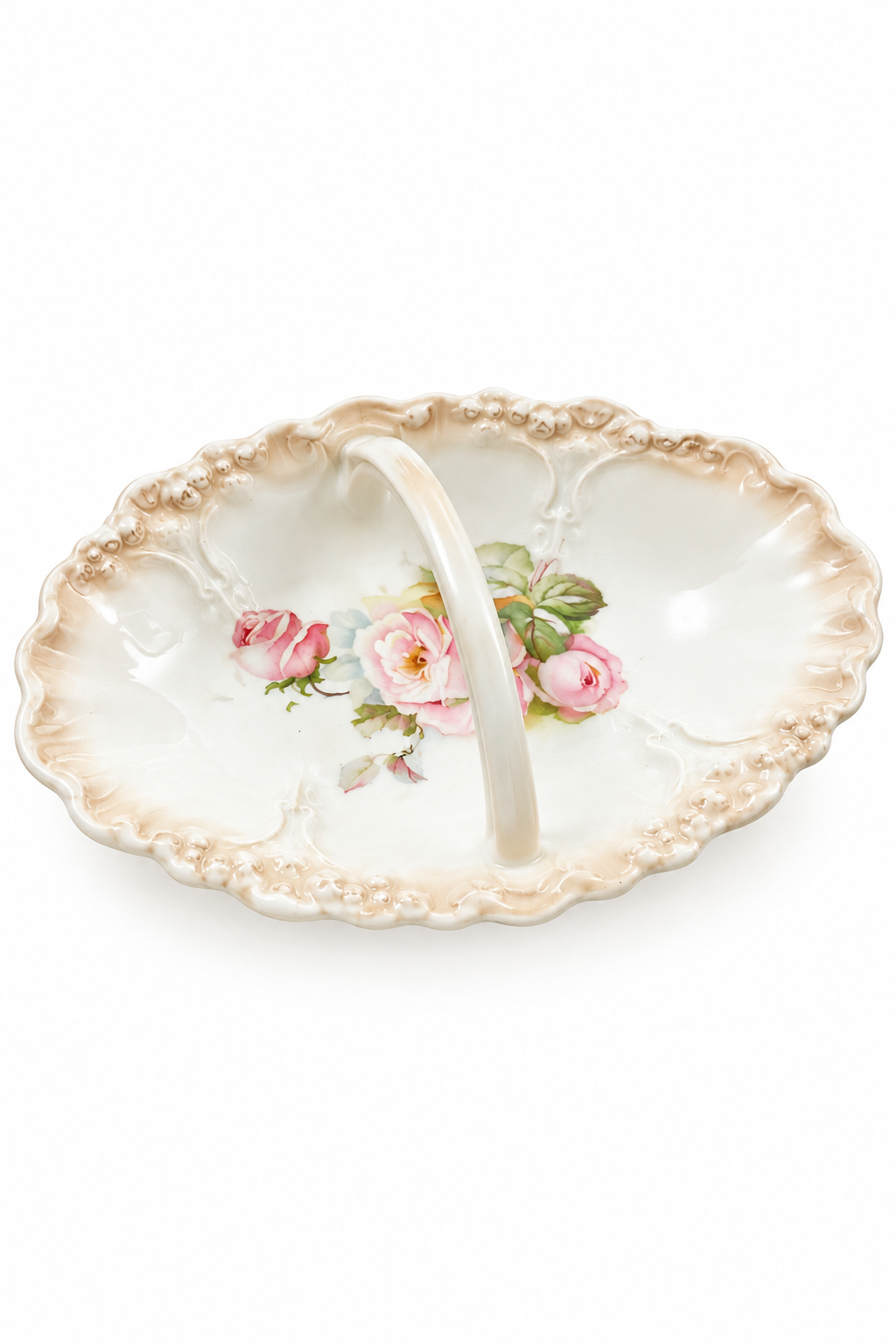 Antique Pink Rose Porcelain Divided Trinket Dish | Romantic Jewelry & Vanity Tray