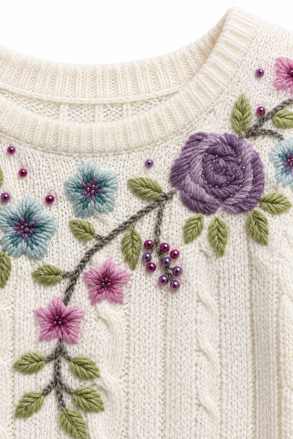 Vintage 1990s Alfred Dunner White Cable Knit Pastel Floral Embroidered Sweater Size M
