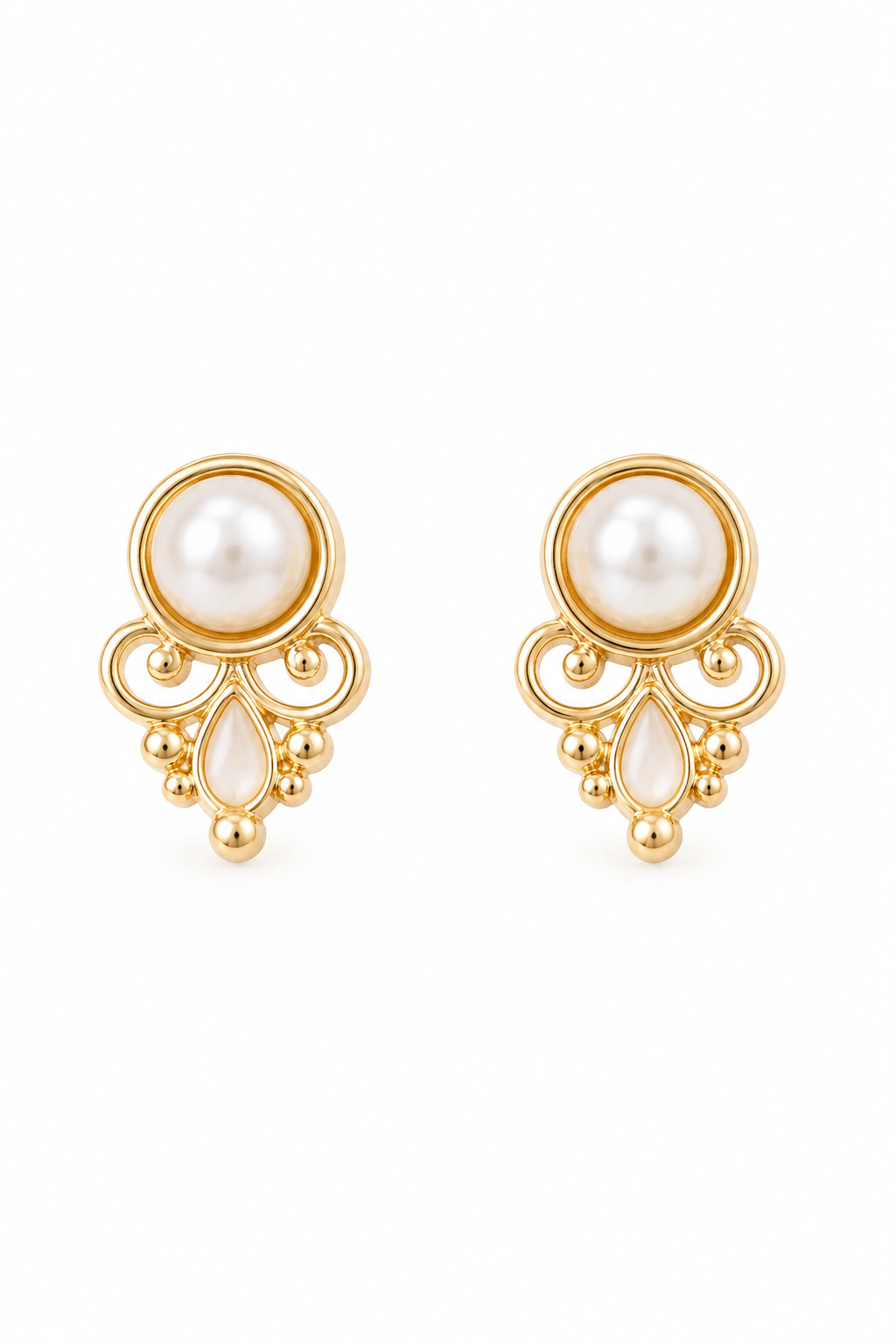 Vintage Avon Victorian Revival Faux Pearl Stud Earrings | Gold Tone Scroll Earrings | Petite 1980s Romantic Statement Studs