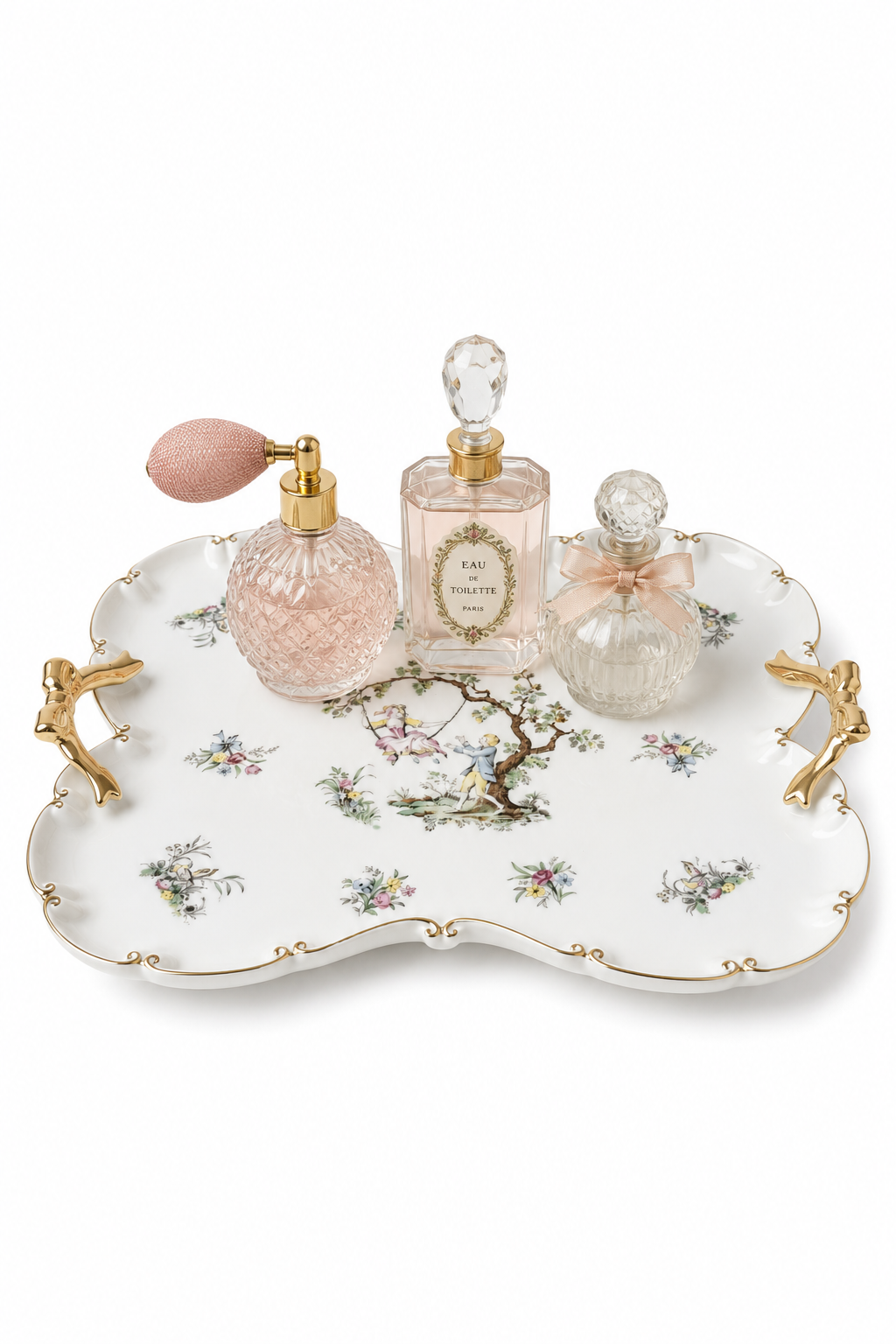 Vintage Fragonard Style Porcelain Vanity Tray | Romantic Courting Couple Serving Tray | Gold Bow Handles | 12” x 10”