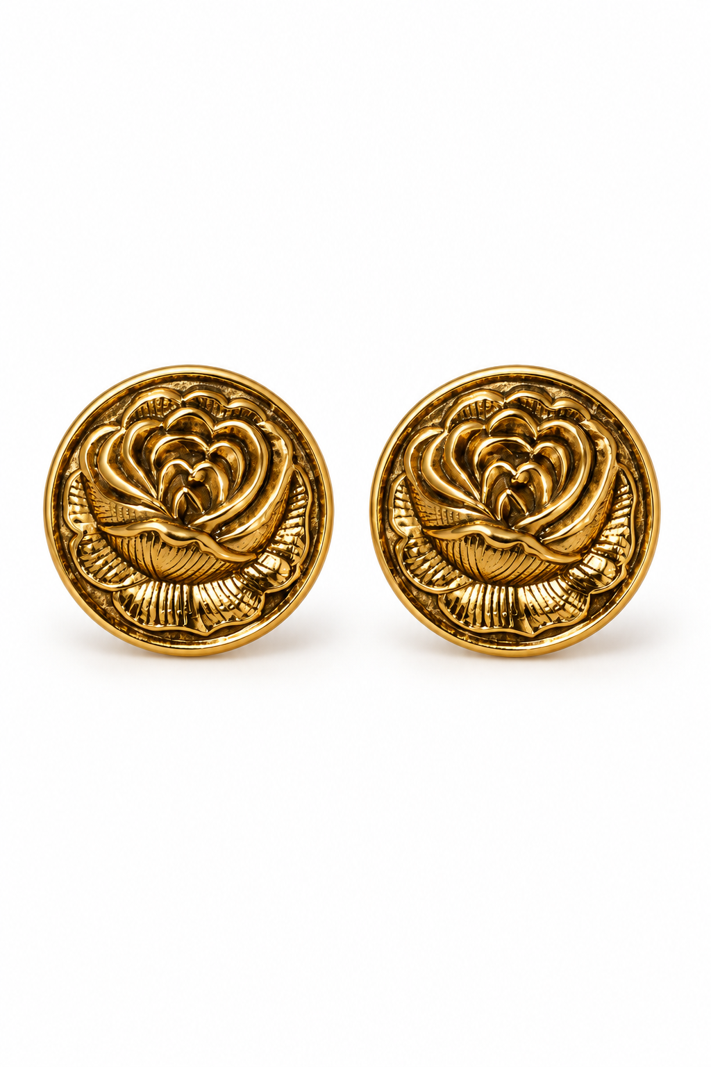 Vintage 1980s Ornate Gold Tone Rose Button Earrings – 3/4” Dimensional Floral Studs