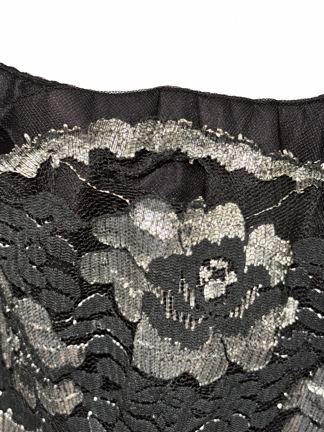 Vintage Black & Silver Floral Lace Strapless High-Low Evening Gown – Full Skirt Formal Dress | Small