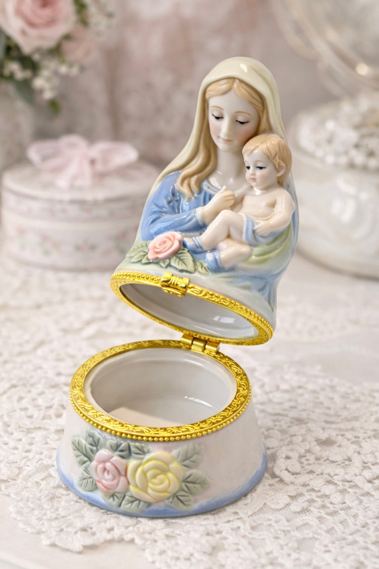 Heavenly Madonna Jewelry Trinket Box | Porcelain Virgin Mary Keepsake Ring Box, Religious Gift