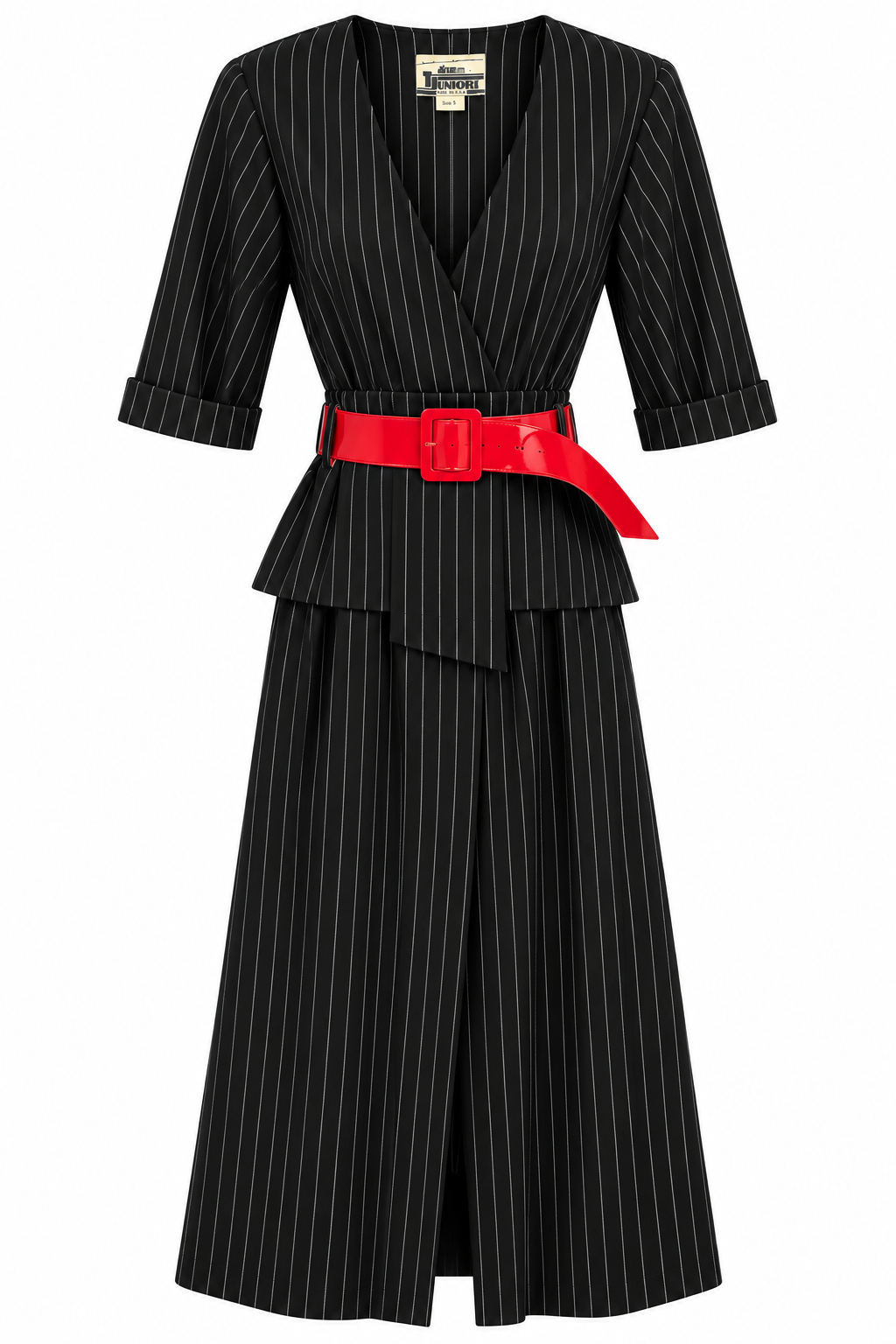 Vintage T Juniors Black Pinstripe Belted Dress – Red Statement Belt – Size 5