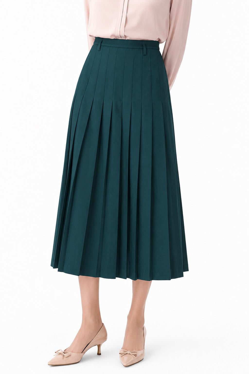 Vintage 1980s Ellen Tracy Forest Green Pleated Wool Maxi Skirt – 100% Pure Wool | Size 12
