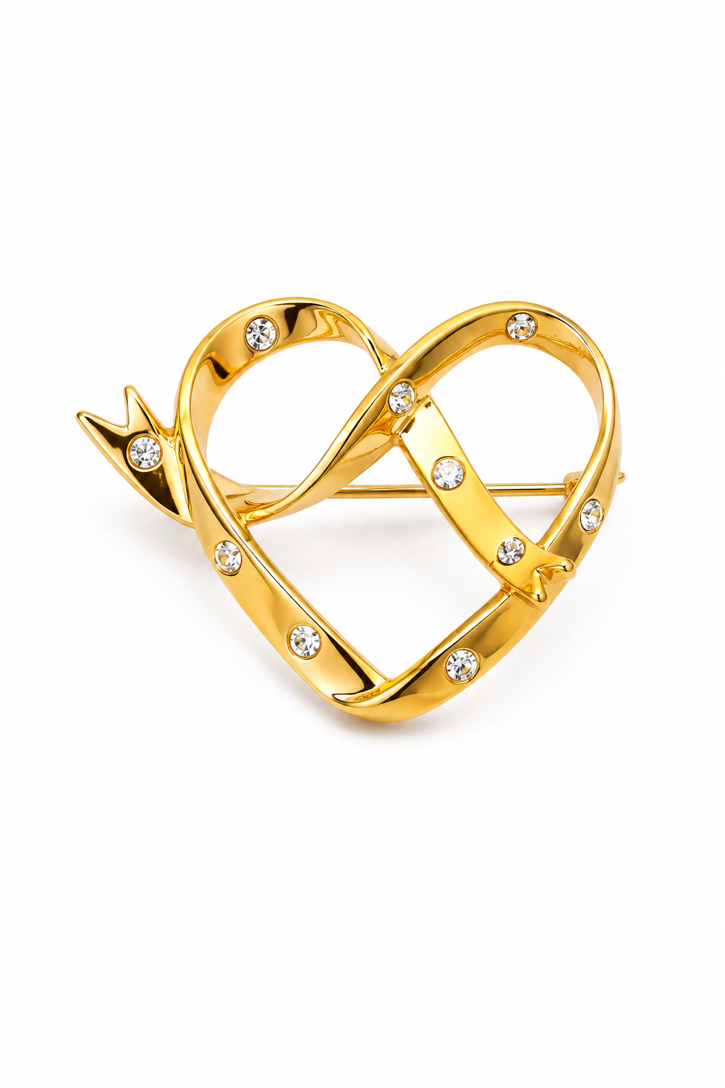 Vintage 1980s–90s Gold-Tone Infinity Heart Ribbon Brooch with Rhinestones