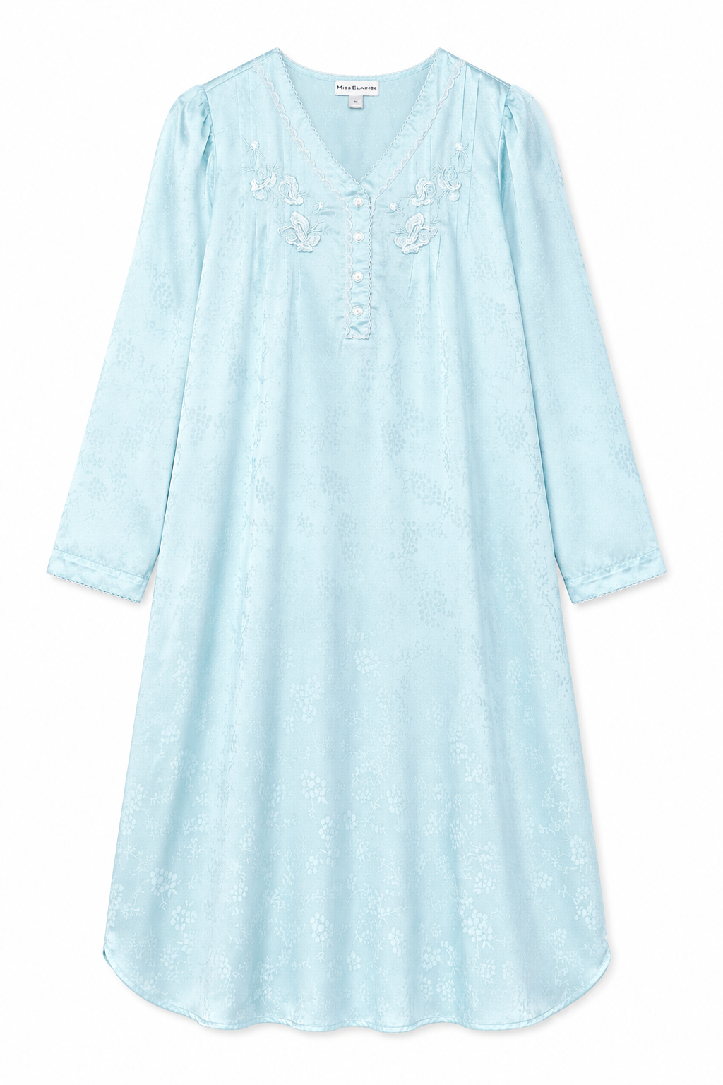 Vintage 1990s Miss Elaine Light Blue Floral Jacquard Long Sleeve Nightgown – Size Medium