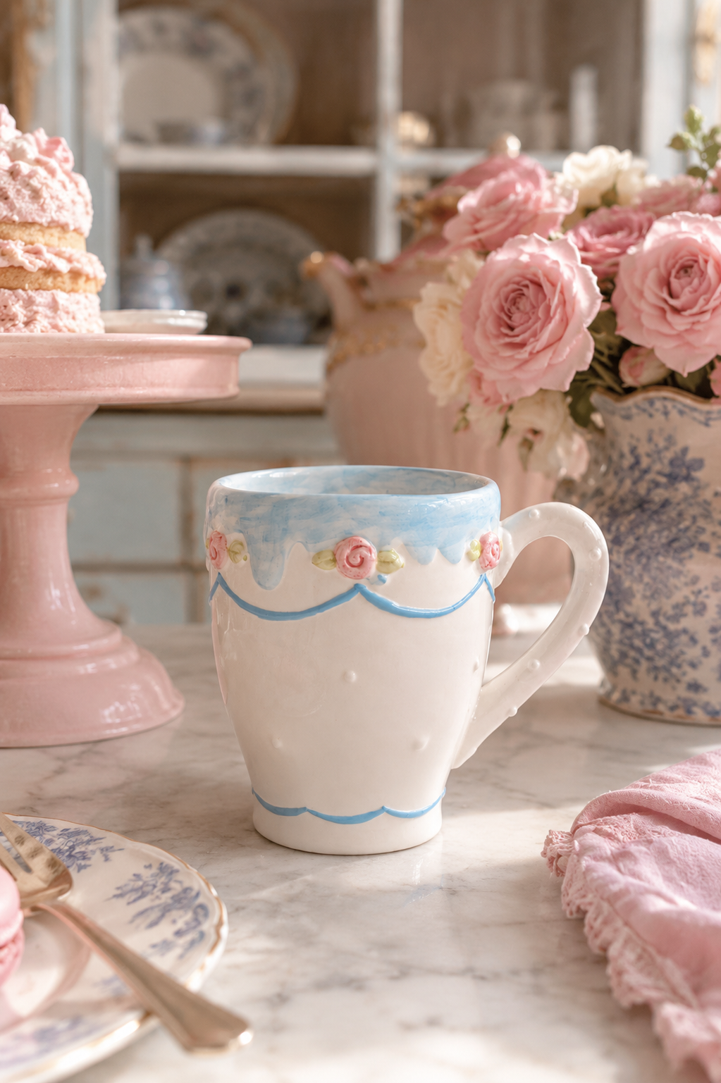 Let Them Eat Cake” Vintage Avon Pastel Mug | Blue & Pink Floral Ceramic Coffee Cup | Cottagecore Kitchen