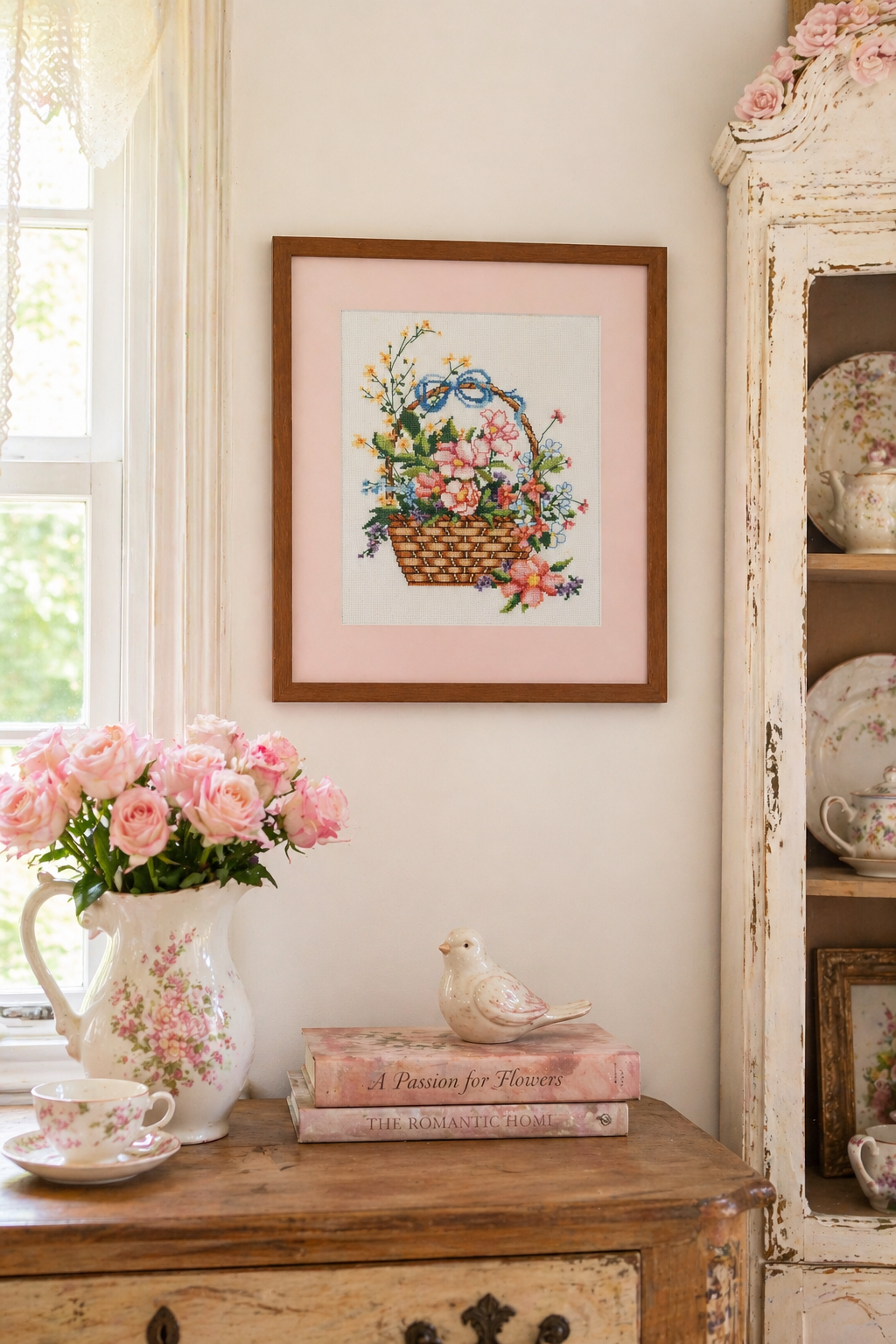Vintage 1980s “Summer’s Glory Bouquet” Cross-Stitch Wall Art | Framed Floral Needlepoint Decor | Made in USA