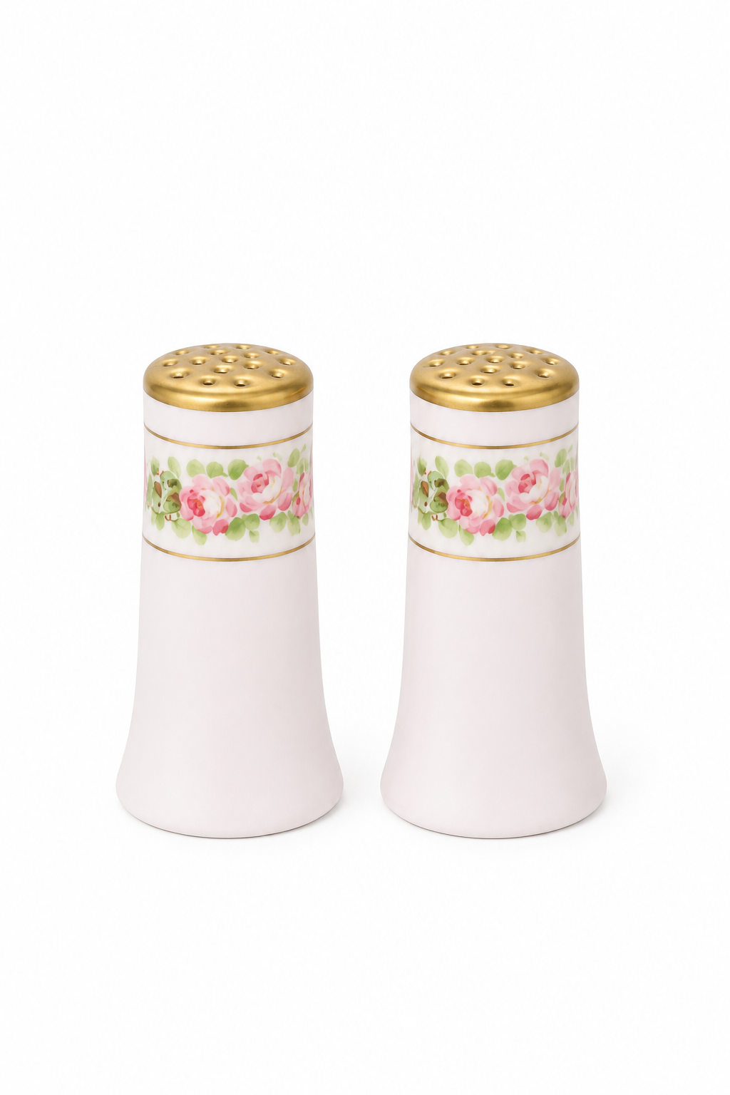 Vintage 1950s Hand-Painted Porcelain Pedestal Salt & Pepper Shakers | Pink Rose Floral Set | Gold-Tone Lids