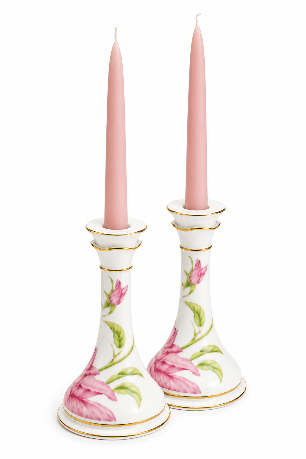 1987 Franklin Mint Givenchy Rose Fine Porcelain Candlestick Holders – Set of 2 | 22K Gold Trim | Made in Japan