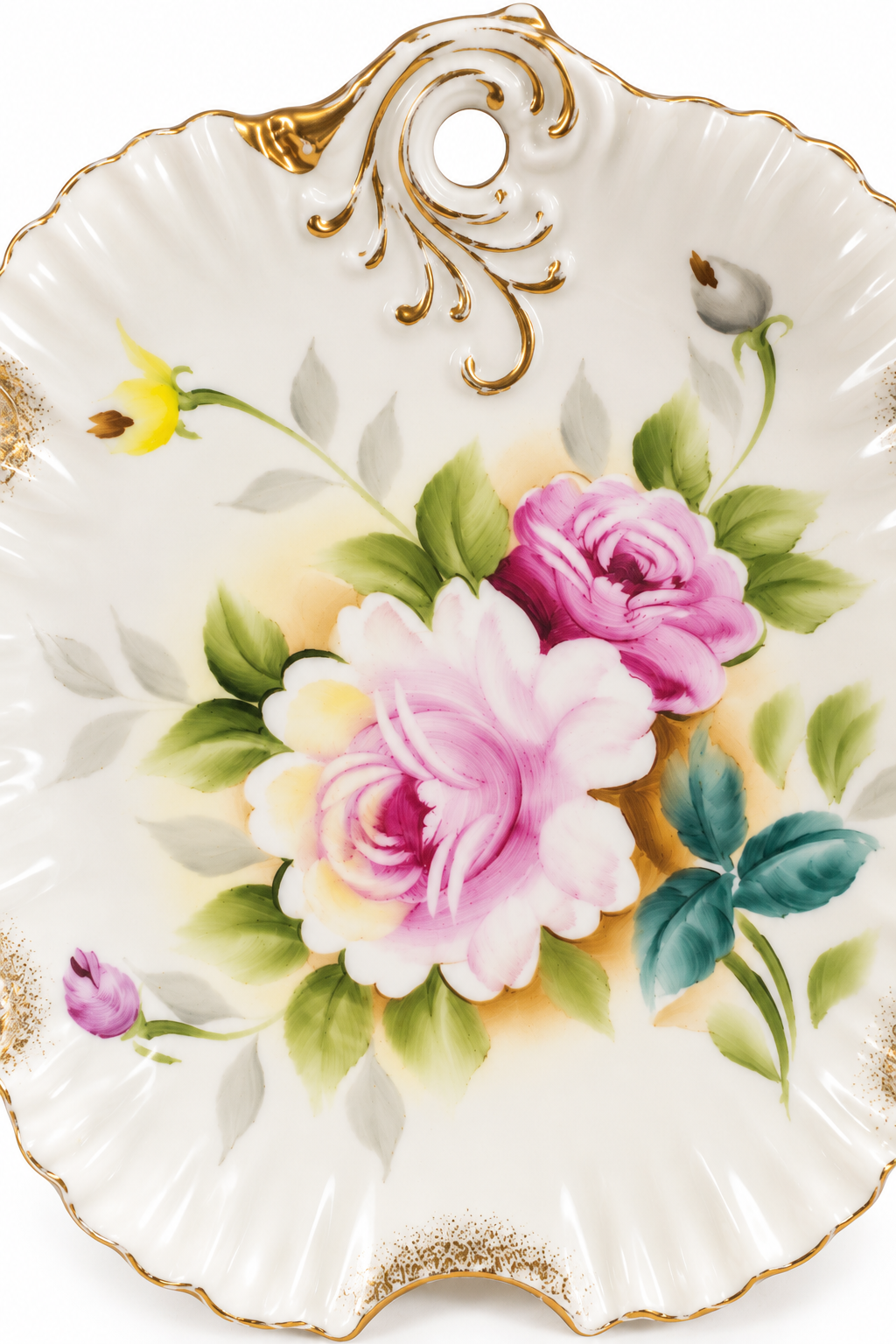 Vintage 1950s Hand-Painted Porcelain Floral Dish – Pink Roses & Gold Trim