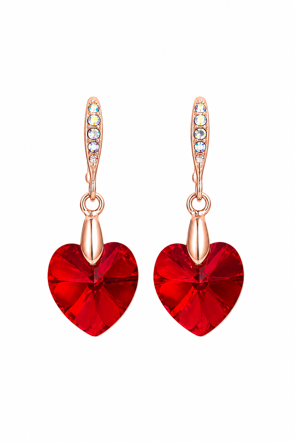 Red Crystal Heart Drop Earrings | Available in Silver or Rose Gold Tone