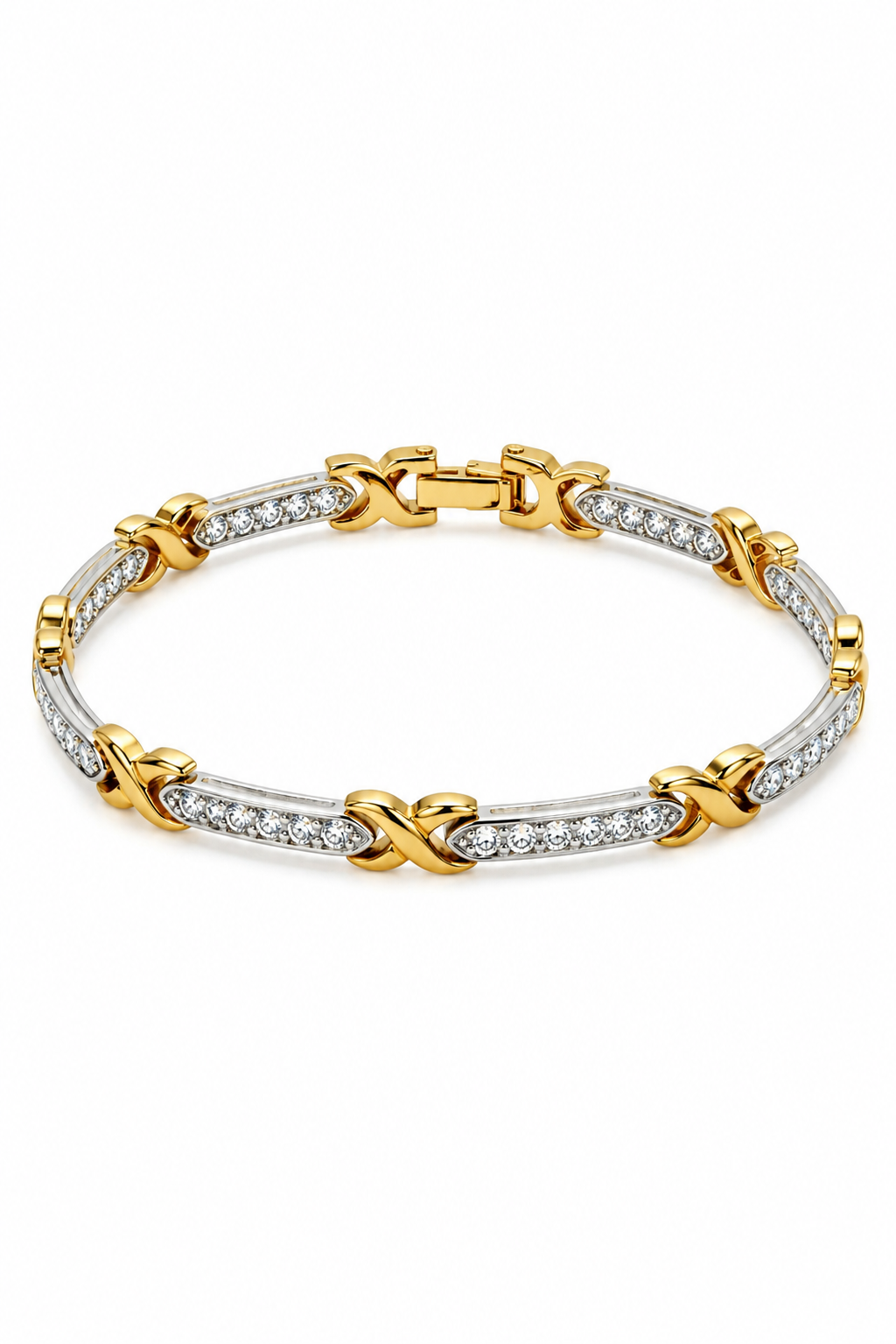 Vintage 1980s–1990s Two-Tone XOXO Link Bracelet | Gold & Silver Tone Hugs & Kisses Rhinestone Bracelet | 8”