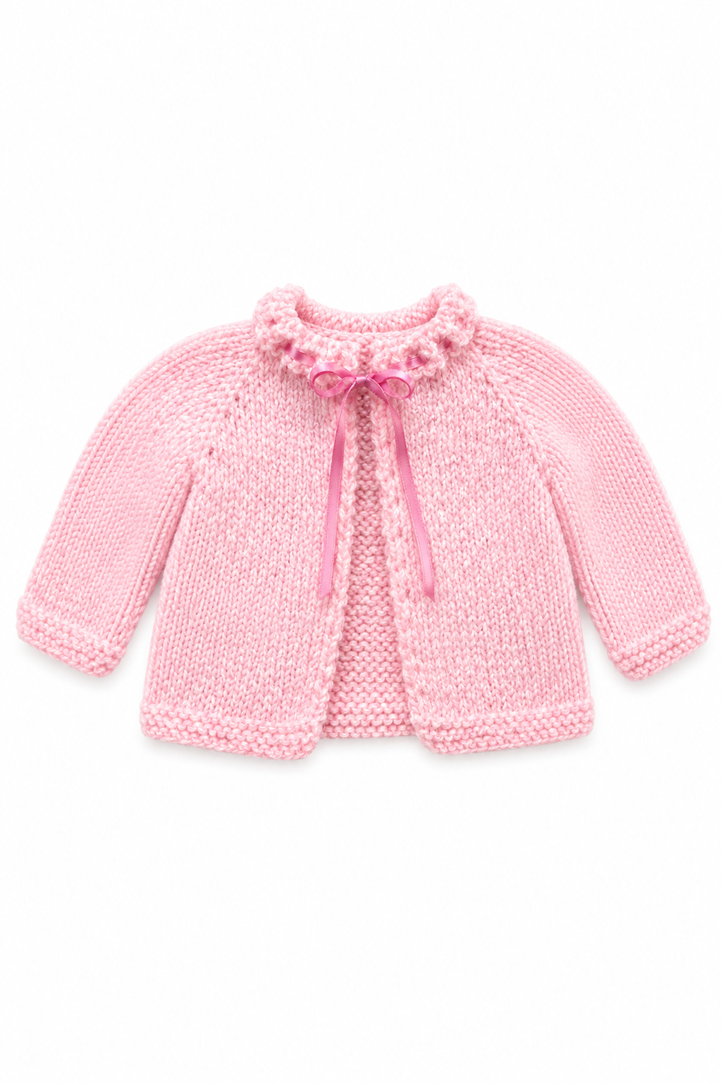 Vintage Handmade Pink Knit Baby Cardigan – Ribbon Tie Open Front Baby Sweater