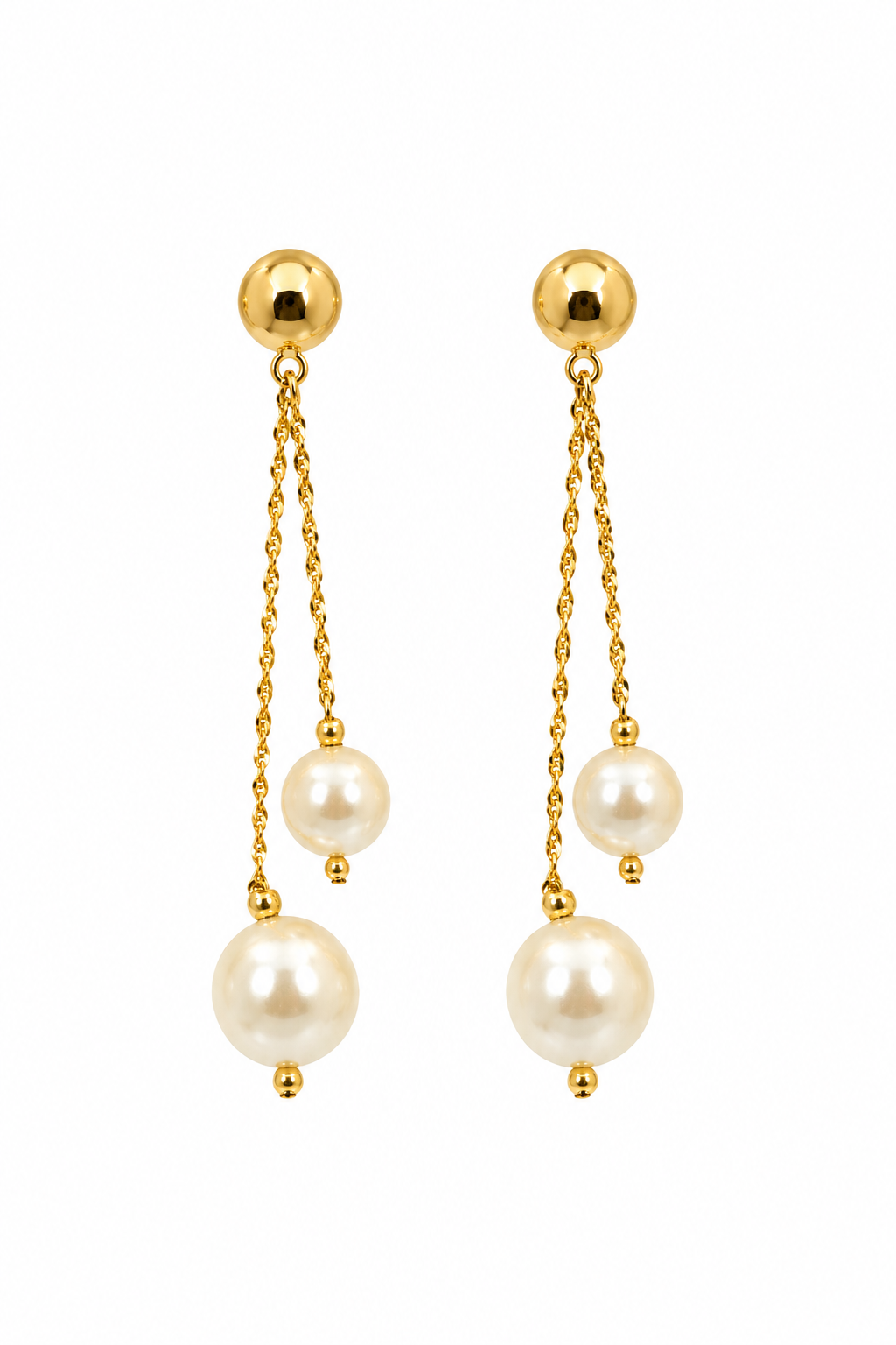 Vintage 1990s Gold Tone Double Faux Pearl Chain Dangle Earrings Statement Pierced
