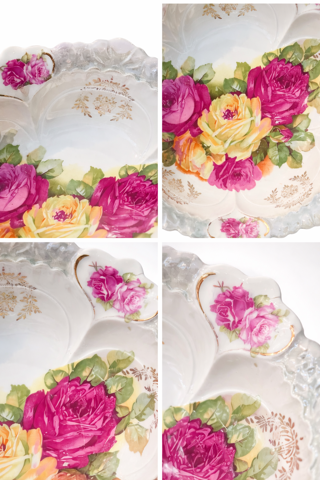 Antique German Porcelain Serving Bowl Plate (1890–1940) | Pink & Yellow Roses, Gold Trim, 10.5” Vintage Floral Dish