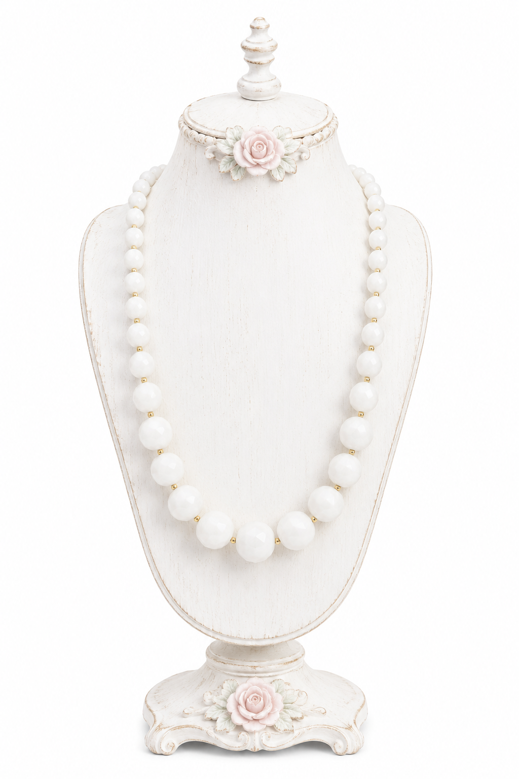 Vintage 1950s White Beaded Necklace with Gold Accents | Mid-Century Statement Necklace | Classic Elegance