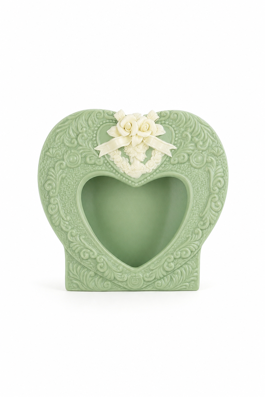 Vintage 1960s Victorian Style Mint Green Heart Picture Frame – Cameo Roses Porcelain Frame
