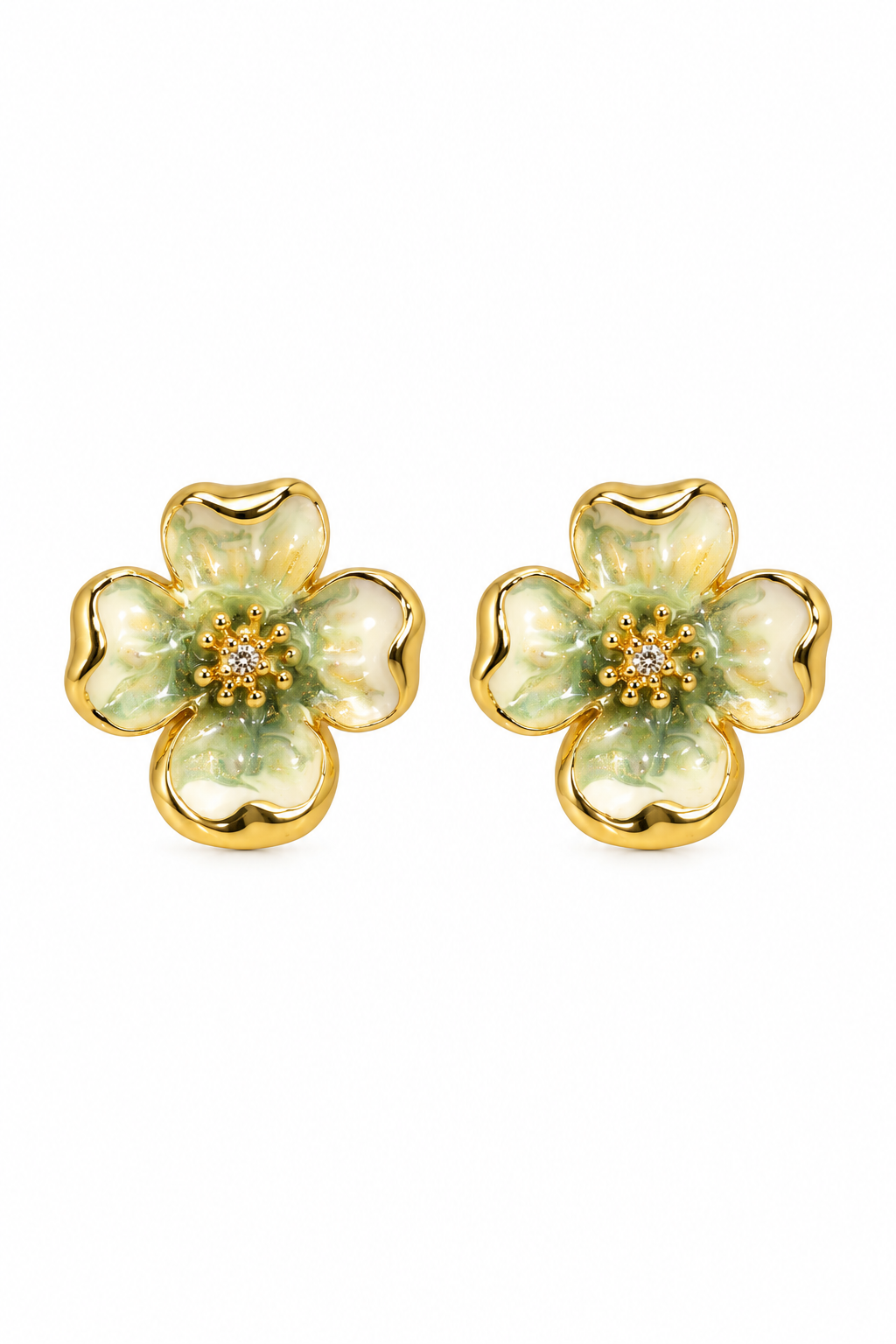 Vintage 1950s–1960s Signed Crown Trifari Dogwood Enamel & Gold-Tone Clip-On Earrings